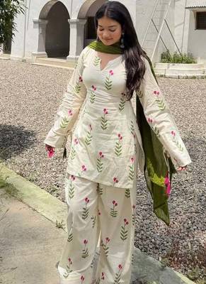 Women's Beautiful Printed Work Cameric Cotton Fabric Straight Kurta Patiala and Dupatta Set 4