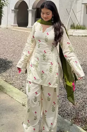 Women's Beautiful Printed Work Cameric Cotton Fabric Straight Kurta Patiala and Dupatta Set