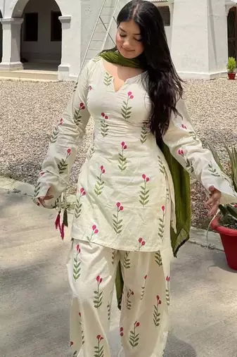 Women's Beautiful Printed Work Cameric Cotton Fabric Straight Kurta Patiala and Dupatta Set
