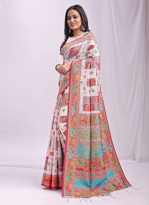 White linen cotton blend saree with multicolor ethnic print 3