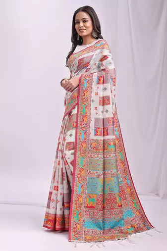 White linen cotton blend saree with multicolor ethnic print