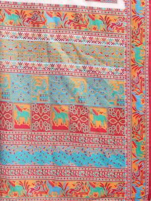 White linen cotton blend saree with multicolor ethnic print 5
