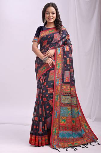 Navy blue linen cotton blend saree with multicolor ethnic print