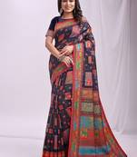 Navy blue linen cotton blend saree with multicolor ethnic print