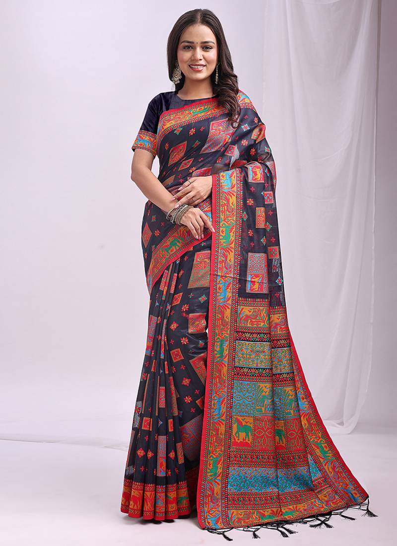 Navy blue linen cotton blend saree with multicolor ethnic print