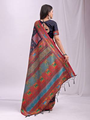 Navy blue linen cotton blend saree with multicolor ethnic print 2