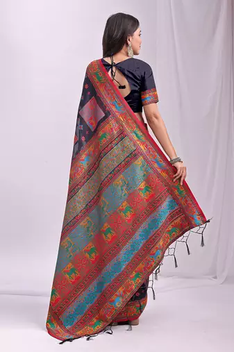 Navy blue linen cotton blend saree with multicolor ethnic print