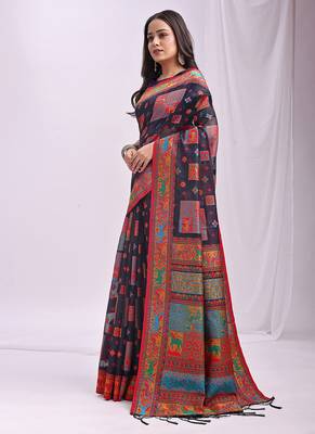 Navy blue linen cotton blend saree with multicolor ethnic print 3