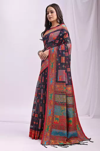 Navy blue linen cotton blend saree with multicolor ethnic print
