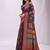 Navy blue linen cotton blend saree with multicolor ethnic print