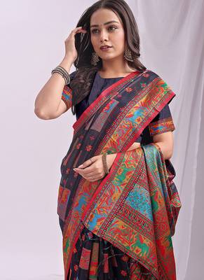 Navy blue linen cotton blend saree with multicolor ethnic print 4