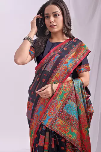 Navy blue linen cotton blend saree with multicolor ethnic print