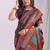Navy blue linen cotton blend saree with multicolor ethnic print