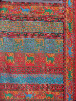 Navy blue linen cotton blend saree with multicolor ethnic print 5