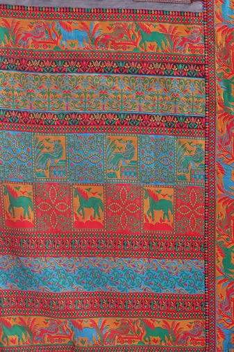 Navy blue linen cotton blend saree with multicolor ethnic print