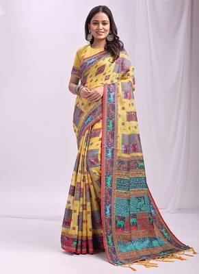 Yellow linen cotton blend saree with multicolor ethnic print 1