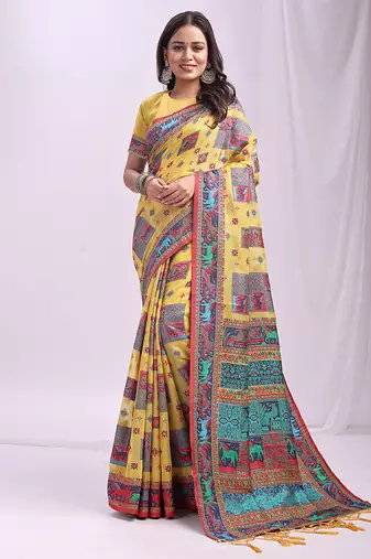 Yellow linen cotton blend saree with multicolor ethnic print