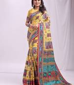 Yellow linen cotton blend saree with multicolor ethnic print