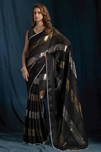 Black satin foil work designer wedding saree