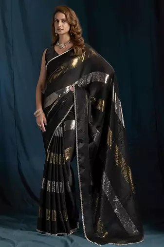 Black satin foil work designer wedding saree