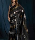 Black satin foil work designer wedding saree