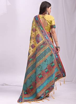 Yellow linen cotton blend saree with multicolor ethnic print 2
