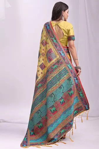 Yellow linen cotton blend saree with multicolor ethnic print