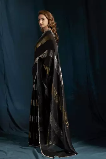 Black satin foil work designer wedding saree