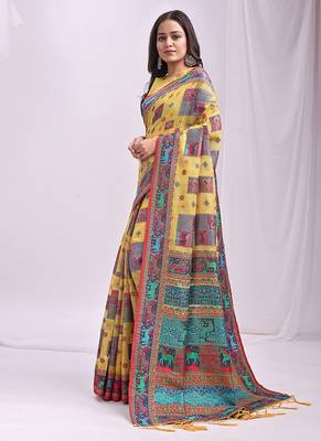 Yellow linen cotton blend saree with multicolor ethnic print 3