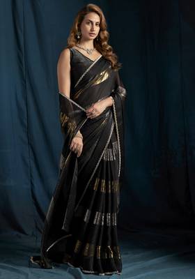 Black satin foil work designer wedding saree 3
