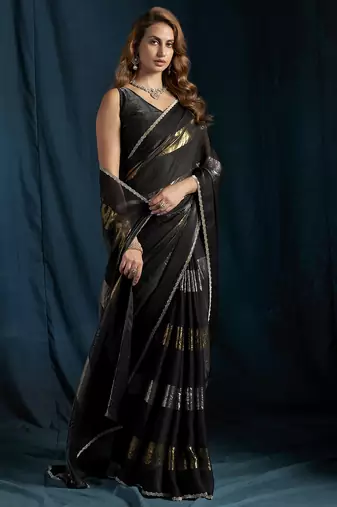 Black satin foil work designer wedding saree