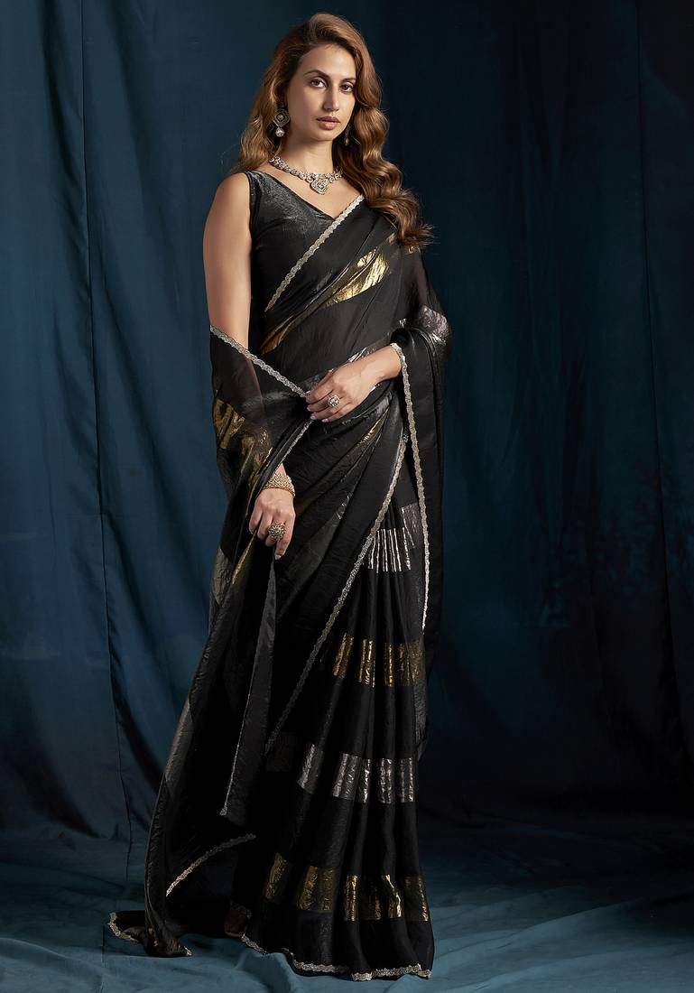 Black satin foil work designer wedding saree