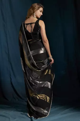 Black satin foil work designer wedding saree