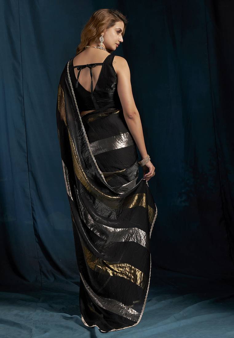 Black satin foil work designer wedding saree