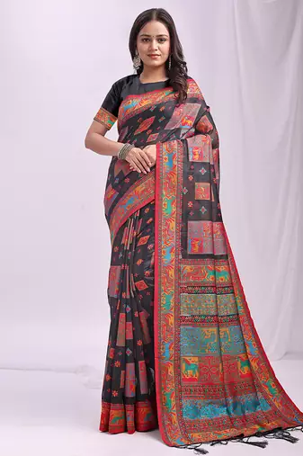 Black linen cotton blend saree with multicolor ethnic print