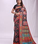 Black linen cotton blend saree with multicolor ethnic print