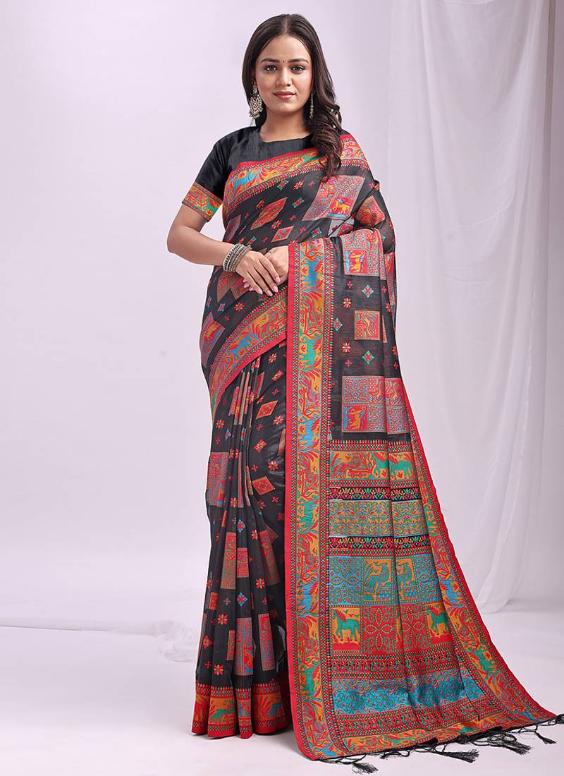 Black linen cotton blend saree with multicolor ethnic print
