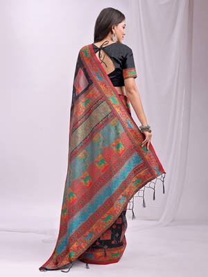 Black linen cotton blend saree with multicolor ethnic print 2