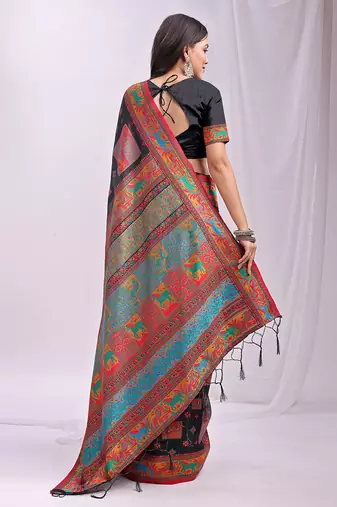 Black linen cotton blend saree with multicolor ethnic print