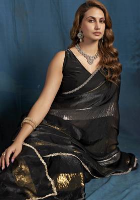 Black satin foil work designer wedding saree 5