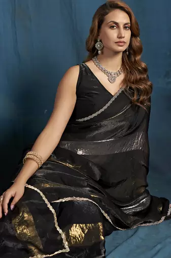 Black satin foil work designer wedding saree