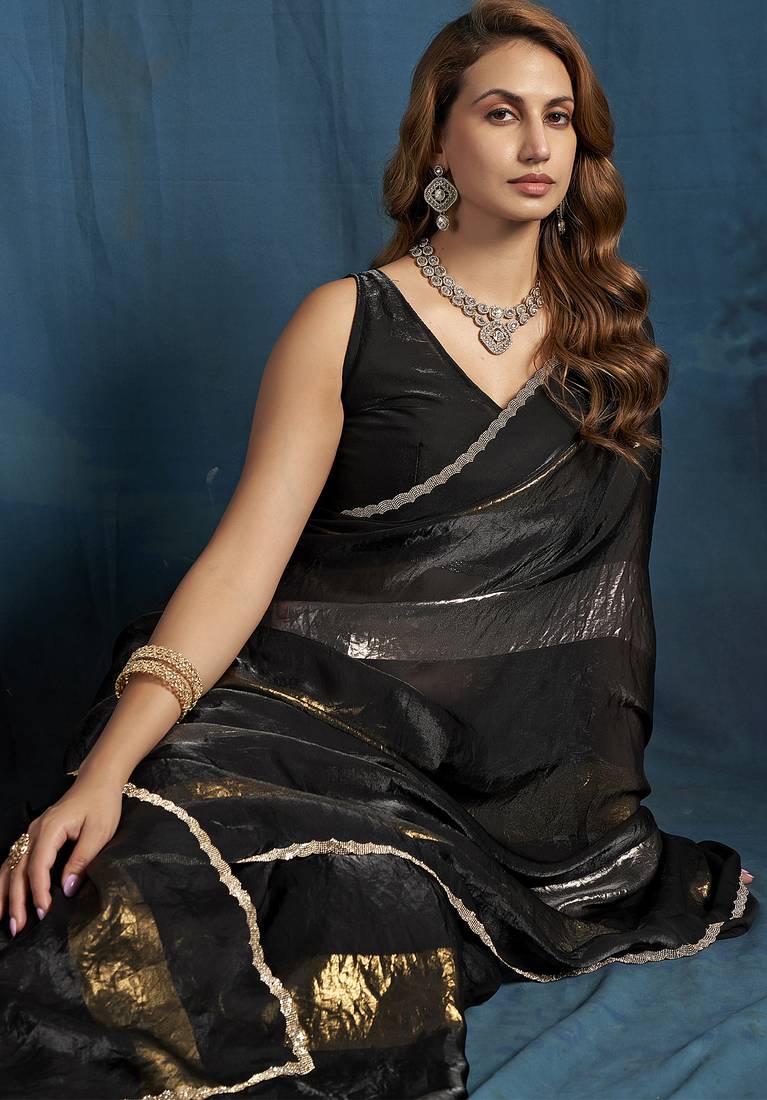 Black satin foil work designer wedding saree