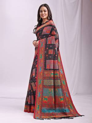 Black linen cotton blend saree with multicolor ethnic print 3