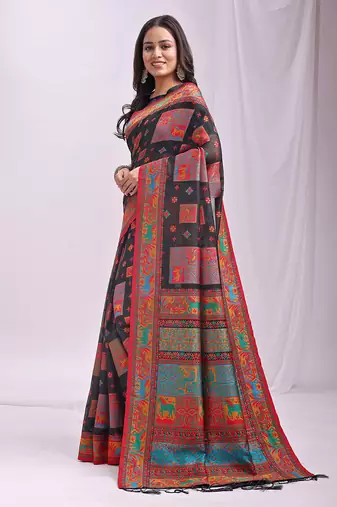 Black linen cotton blend saree with multicolor ethnic print