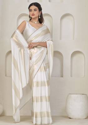 White satin foil work designer wedding saree 1