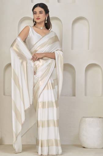 White satin foil work designer wedding saree