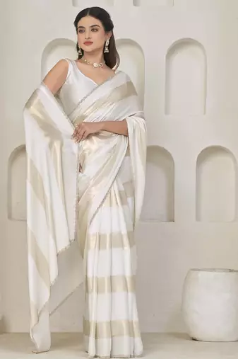White satin foil work designer wedding saree