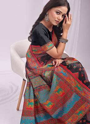 Black linen cotton blend saree with multicolor ethnic print 4