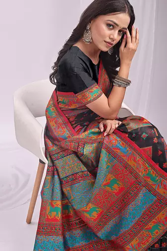 Black linen cotton blend saree with multicolor ethnic print