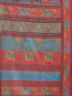 Black linen cotton blend saree with multicolor ethnic print 5